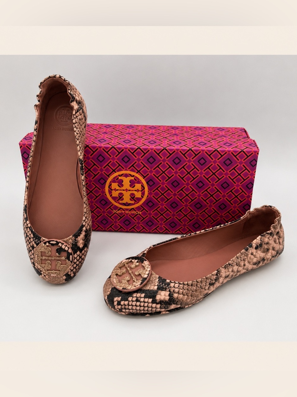 Tory Burch Minnie Travel Ballet Flats Snake Print Logo NWB Sold Out Size 7
